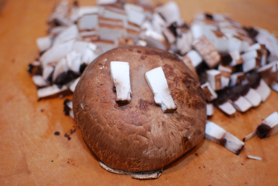 Slice portobello mushrooms and saute with leeks